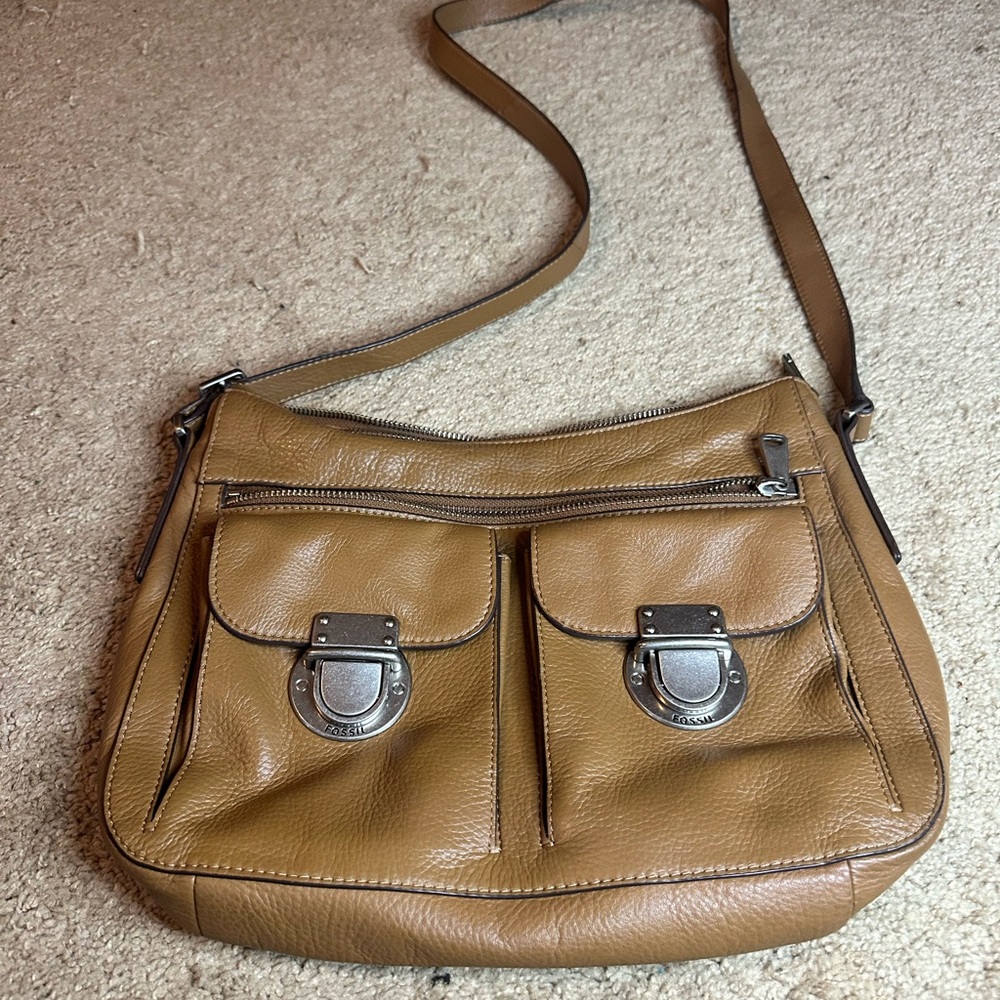 Fossil Tan Leather Bag with Silver Accents